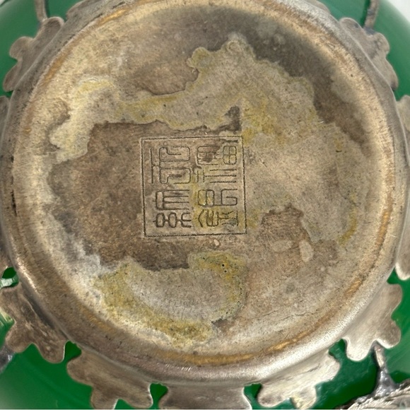 Chinese Green jade colored glass Bowls Metal Mount with Dragon & Phoenix vintage - Picture 7 of 9